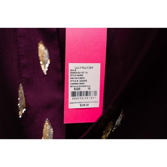 Lilly Pulitzer Shea Silk Dress Cabernet Berry Metallic Diamond Clip 10 cocktail - Picture 2 of 6